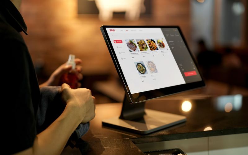 Server using a touchscreen point-of-sale terminal in a restaurant