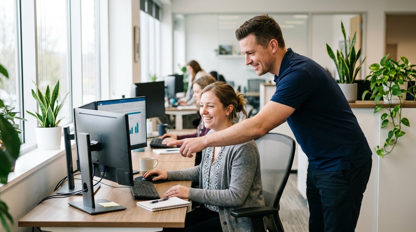 TechniWorx technician helping an office employee at her desk
